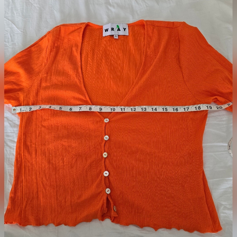 🍊✨ Anthropologie WRAY Orange Ribbed Lettuce Edge Button Down Cardigan XL - Picture 9 of 11